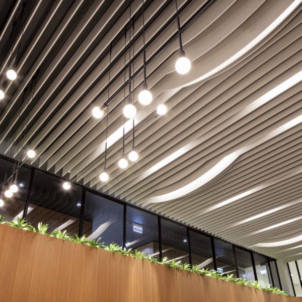 420 St Kilda Rd | Curved linear lights and illuminated timber features elevate this lobby.