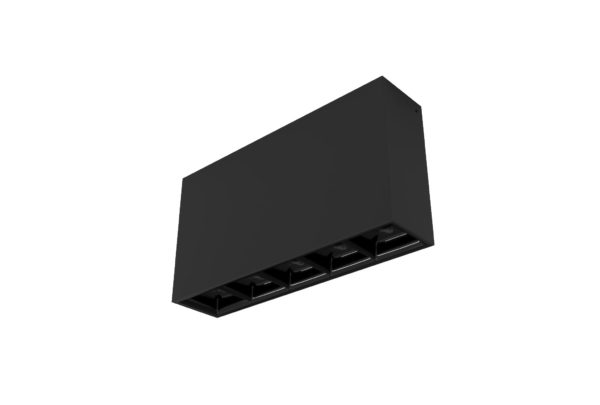 black surface mount rectangular linear light with square segments and black inner trim