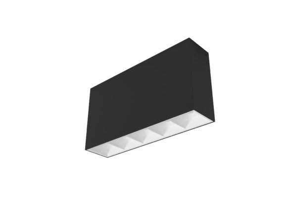 black surface mount rectangular linear light with square segments and white inner trim