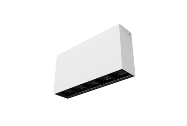 white surface mount rectangular linear light with square segments and black inner trim