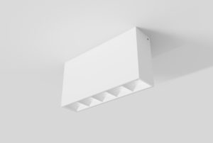 white surface mounted rectangular square segmented linear light with white inner trim installed in ceiling