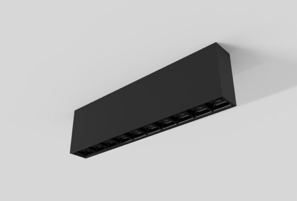 black surface mount rectangular square segmented linear light with black inner trim installed in ceiling