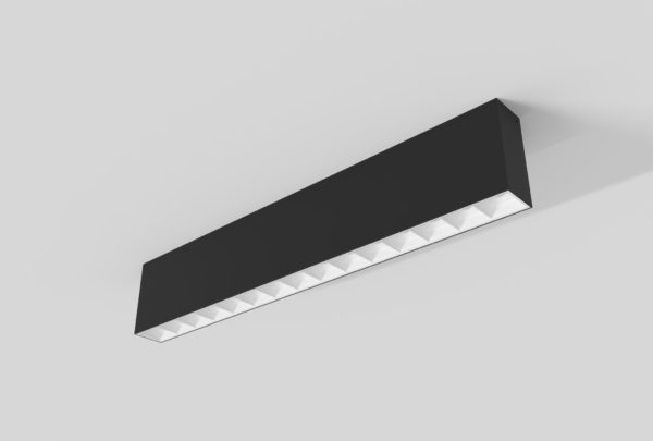 black surface mount rectangular square segmented light with white inner trim installed in ceiling