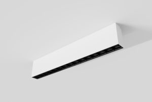 white surface mounted rectangular segmented light with black inner trim installed in ceiling