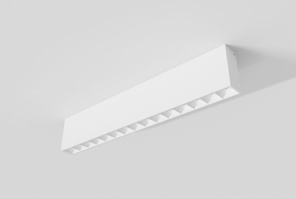 white surface mounted rectangular segmented linear light installed in ceiling