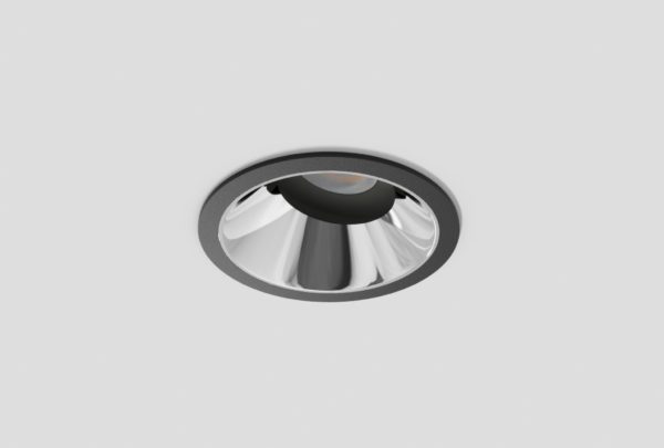 black adjustable anti-glare downlight with chrome inner trim installed in ceiling