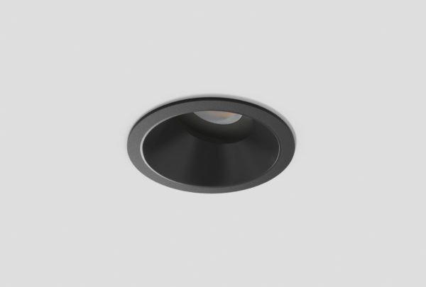 black adjustable anti-glare downlight with matte black inner trim installed in ceiling