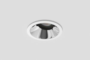 white adjustable anti-glare downlight with chrome inner trim installed in ceiling