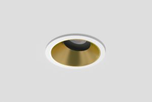 white adjustable anti-glare downlight with matte gold inner trim installed in ceiling