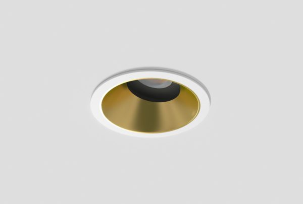 white adjustable anti-glare downlight with matte gold inner trim installed in ceiling