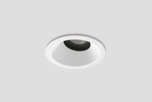 white adjustale anti-glare downlight with matte white inner trim installed in ceiling