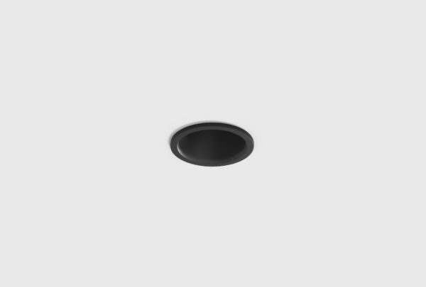Premium Black downlight 40mm diameter with black inner trim installed in ceiling.