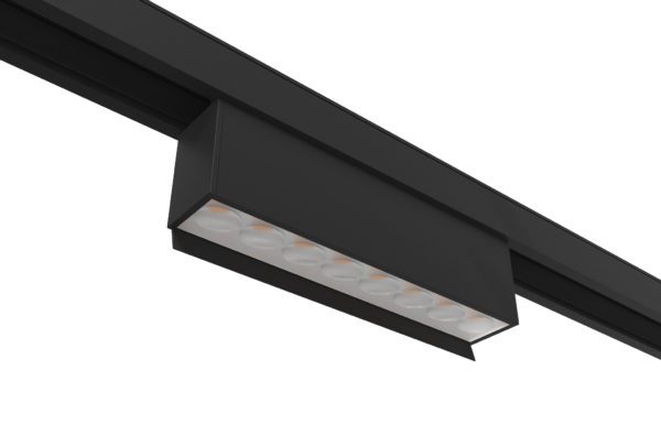 black track mounted linear wall washer mounted on black rail