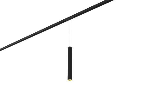 black track mounted pendant light with gold inner trim