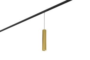 gold track mounted pendant light on black rail