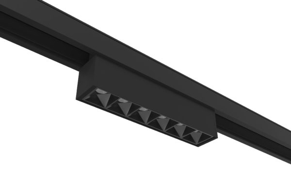 black magnetic track mounted segmented linear spotlight on rail