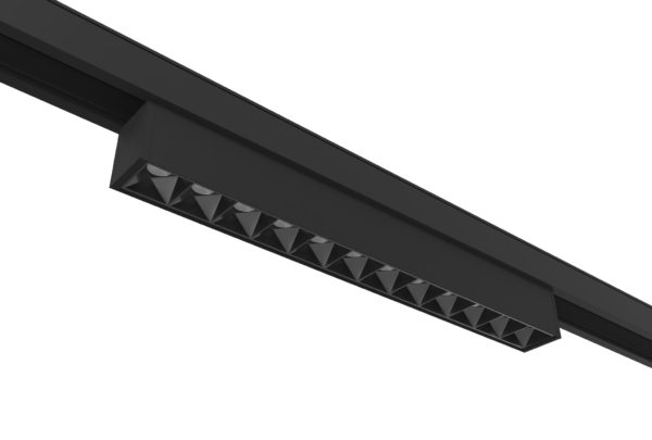 black magnetic track mounted linear segmented spotlight mounted on rail