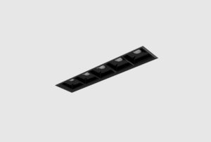 black finish recessed segmneted rectangular spotlights with black inner trim installed in ceiling