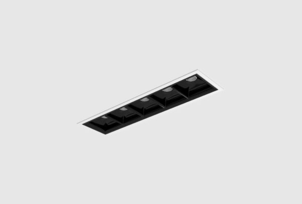white finish recessed segmented rectanguar linear spotlights with black inner trim installed in ceiling