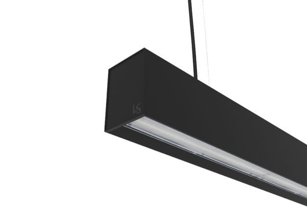 black suspended linear light with up and down lighting and assymetric lens