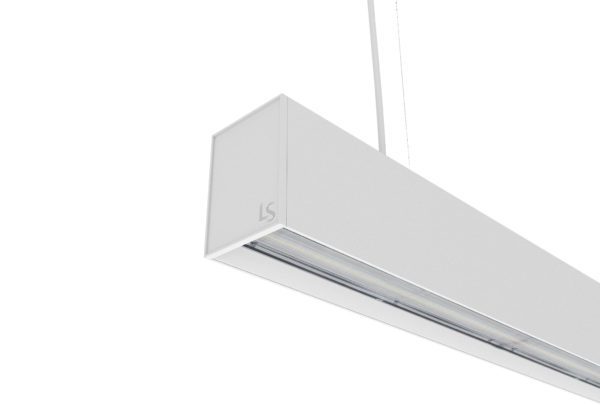 white suspended linear light with up and down lighting and assymetric lens