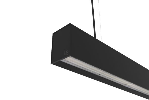 black suspended linear light with up and down lighting and split beam