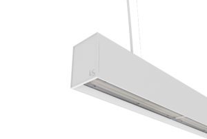 white suspended linear light with up and down lighting and split beam