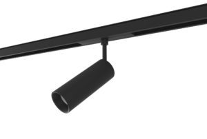 black aluminium magnetic track mounted spotlight with black inner trim mounted on rail