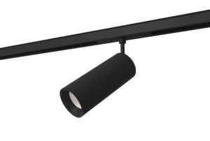 black aluminium magnetic track mounted spotlight with black inner trim installed on rail