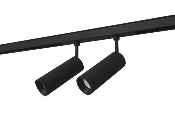 black double aluminium magnetic track mounted spotlight with black inner trim installed on rail