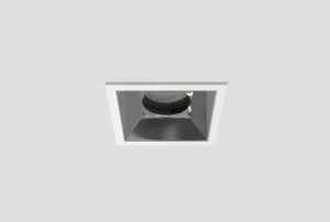 white square anti-glare aluminium downlight with anthracite inner trim installed in ceiling