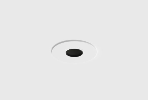 aluminium downlight with white finish and black inner trim installed in ceiling