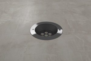 Premium adjustable uplight 185mm diameter in stainless steel finish installed.