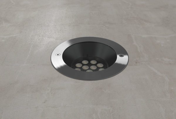 Premium adjustable uplight 215mm diameter in stainless steel finish installed.