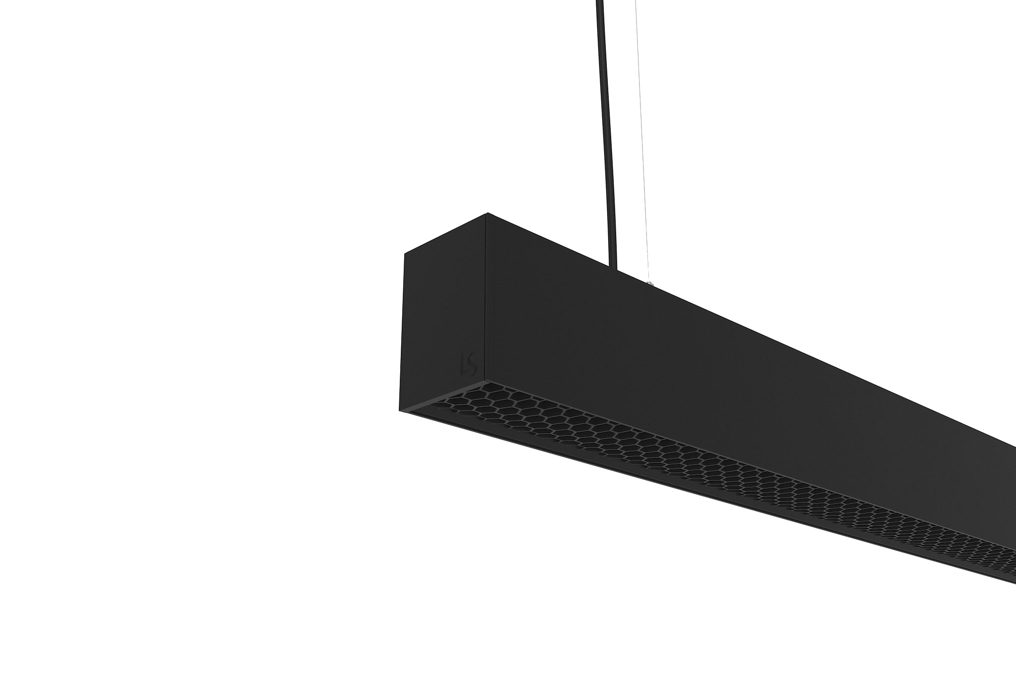 black finish aluminium suspended linear light with honeycomb diffuser