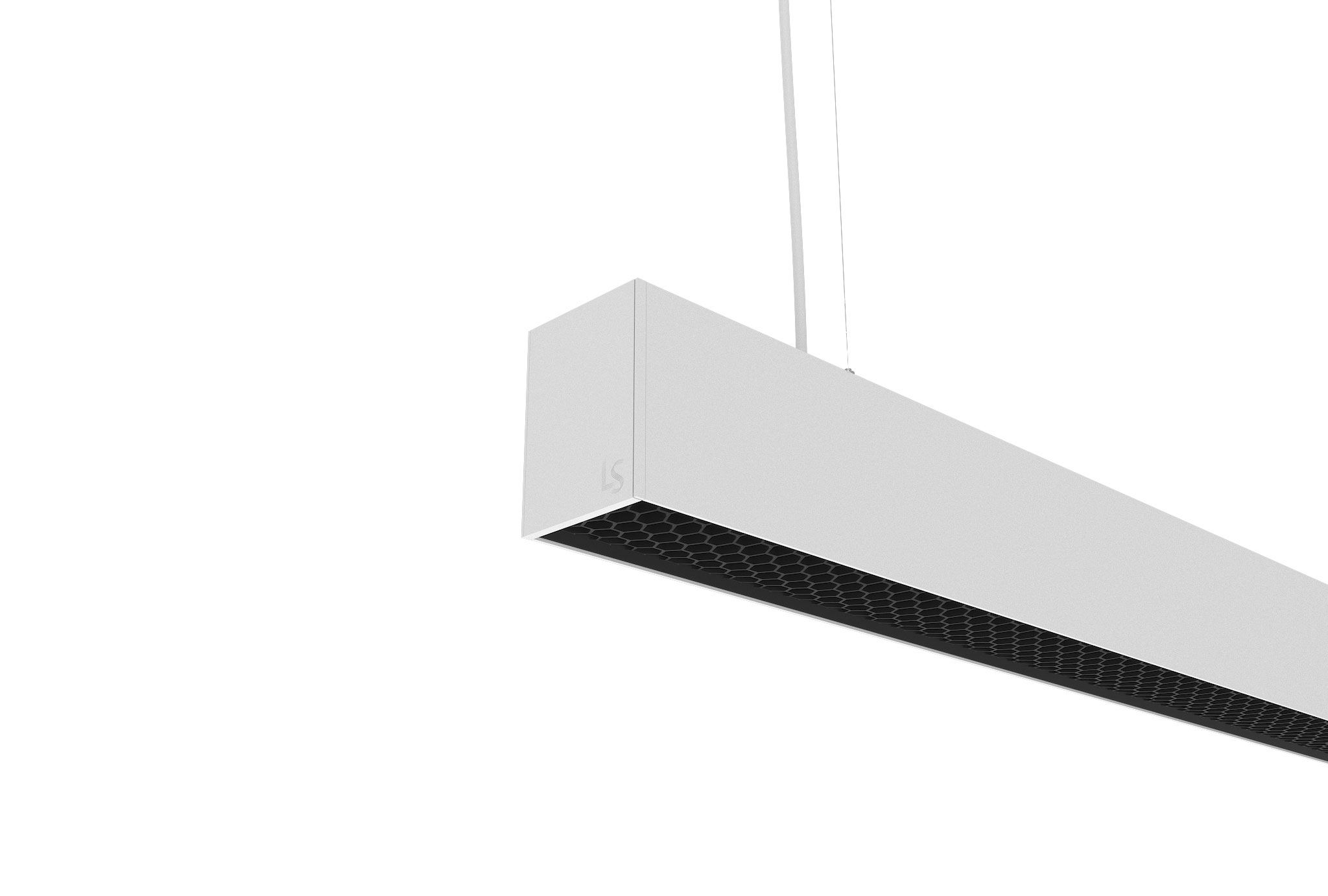 white finish aluminium suspended linear light with honeycomb diffuser