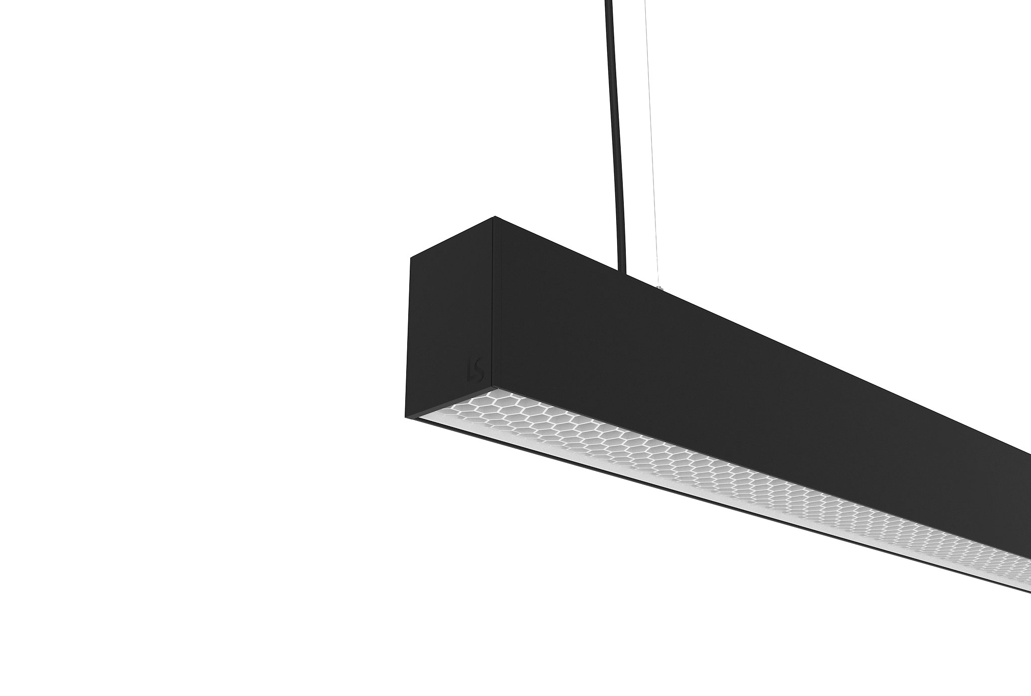 black finish aluminium suspended linear light with up and down lighting, and honeycomb diffuser