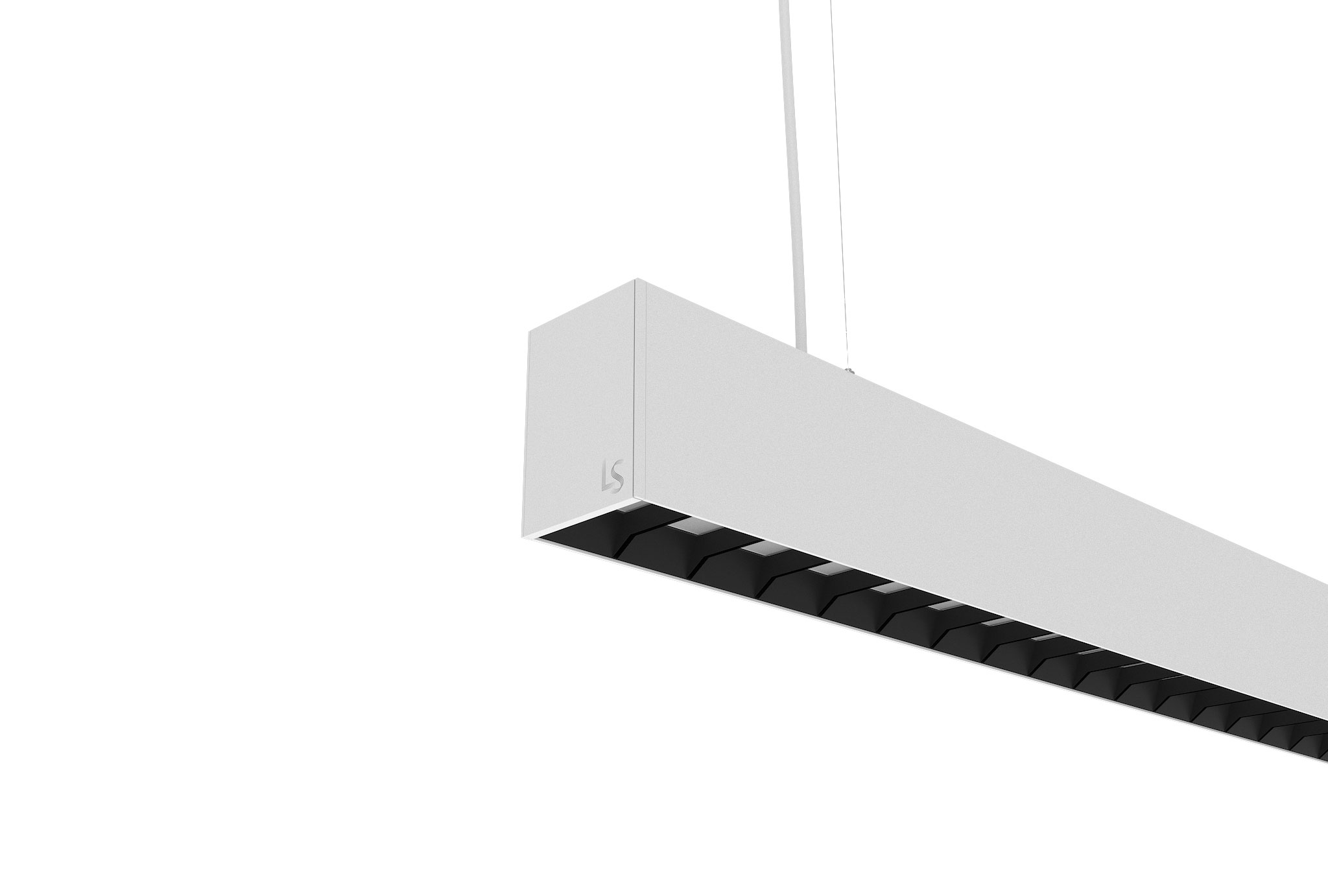 white finish finish aluminium suspended linear light with up and down lighting, and louvres